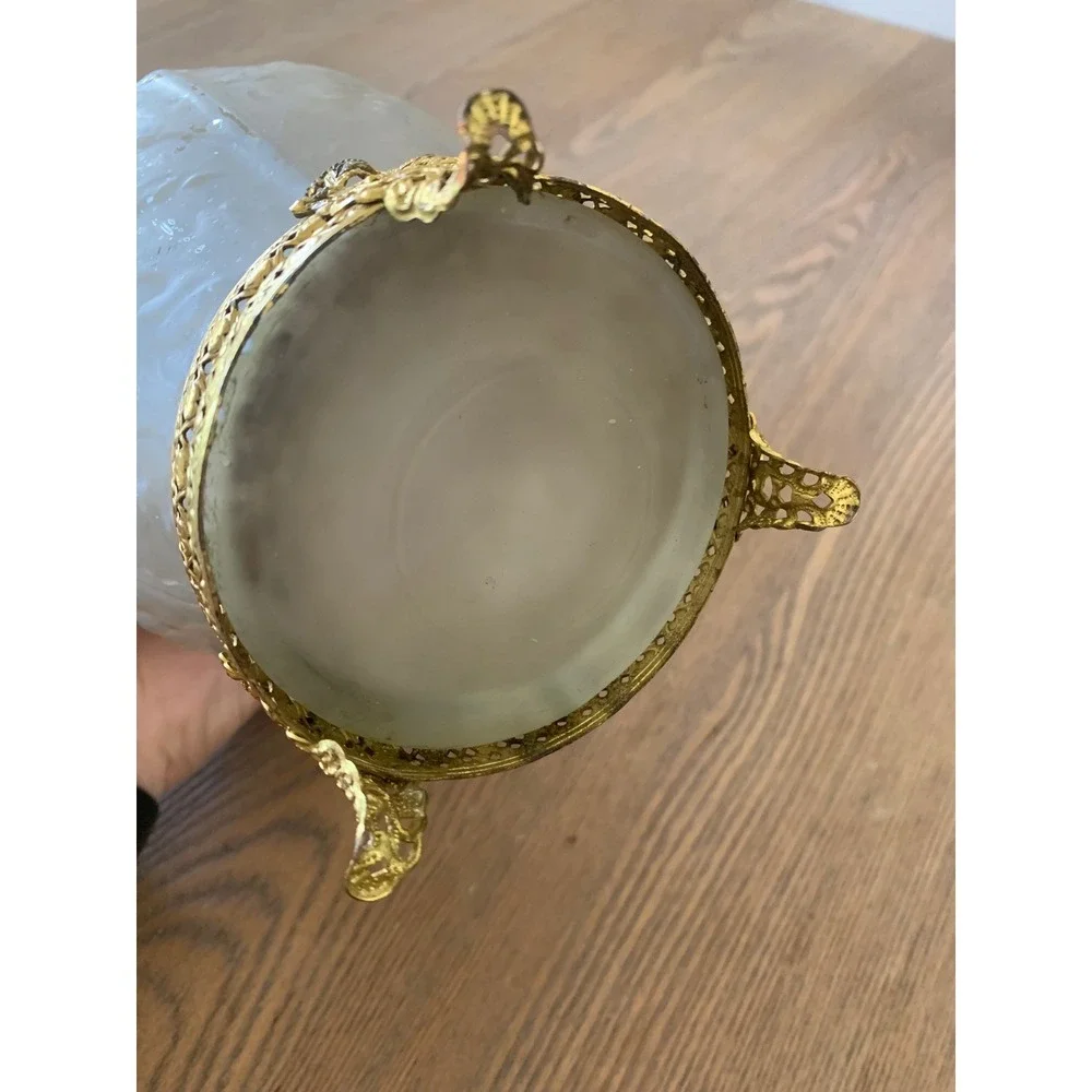 Vintage Art Nouveau Frosted Glass Floral Vase Ornate Brass Filigree Footed Base